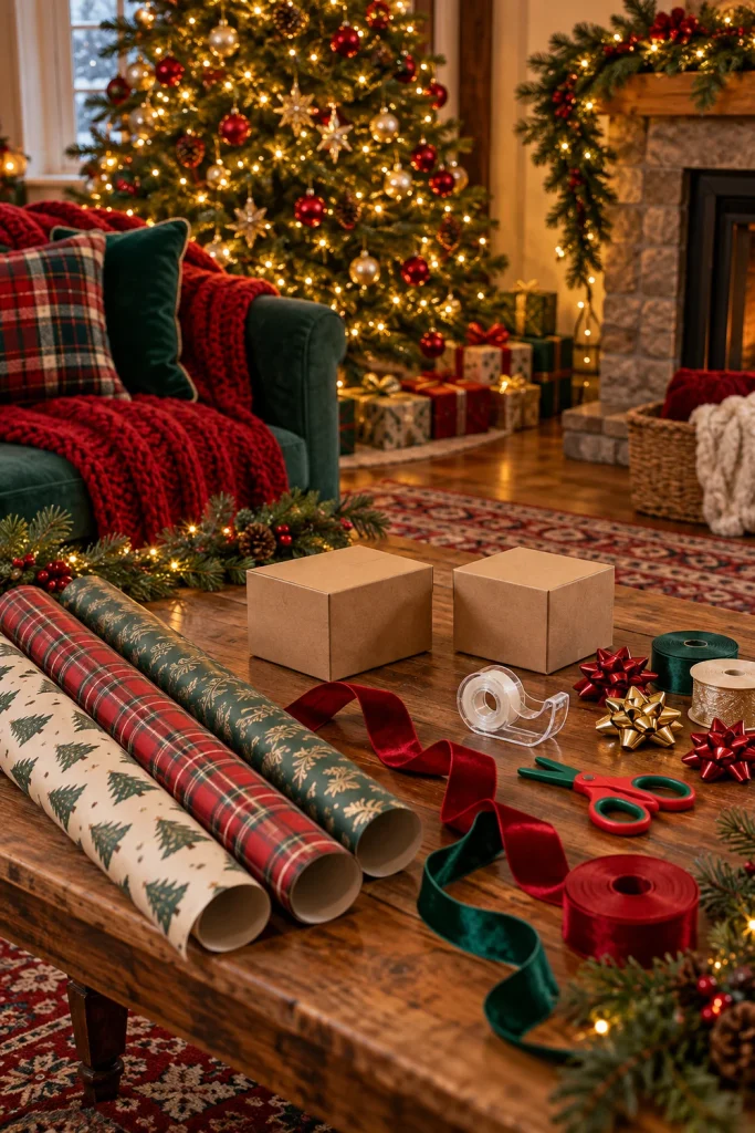 Wrapping paper and ribbon set up for the Wrap the Present relay game