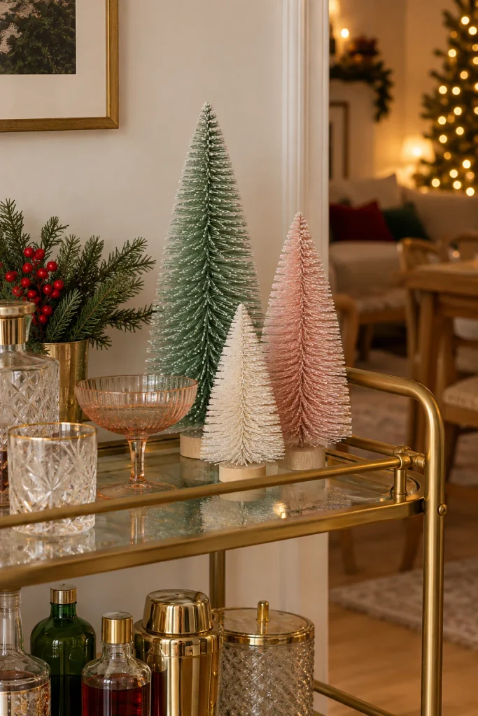 Mint, pink, and white bottle brush trees on a gold bar cart with vintage glassware