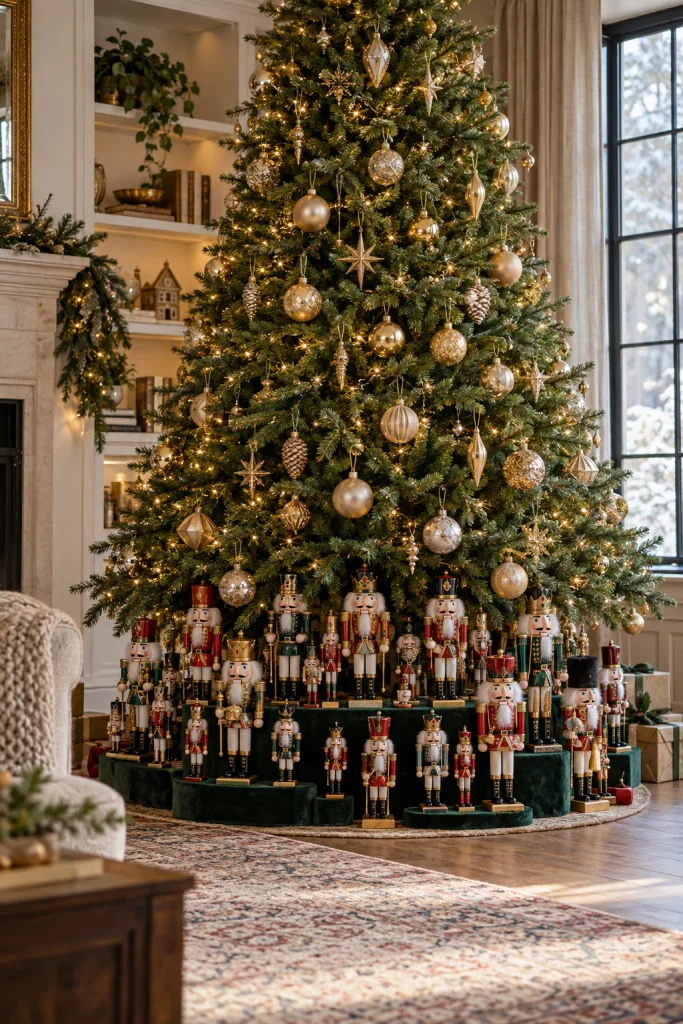 Nutcracker collection displayed on wood risers around the base of a Christmas tree with gold ornaments