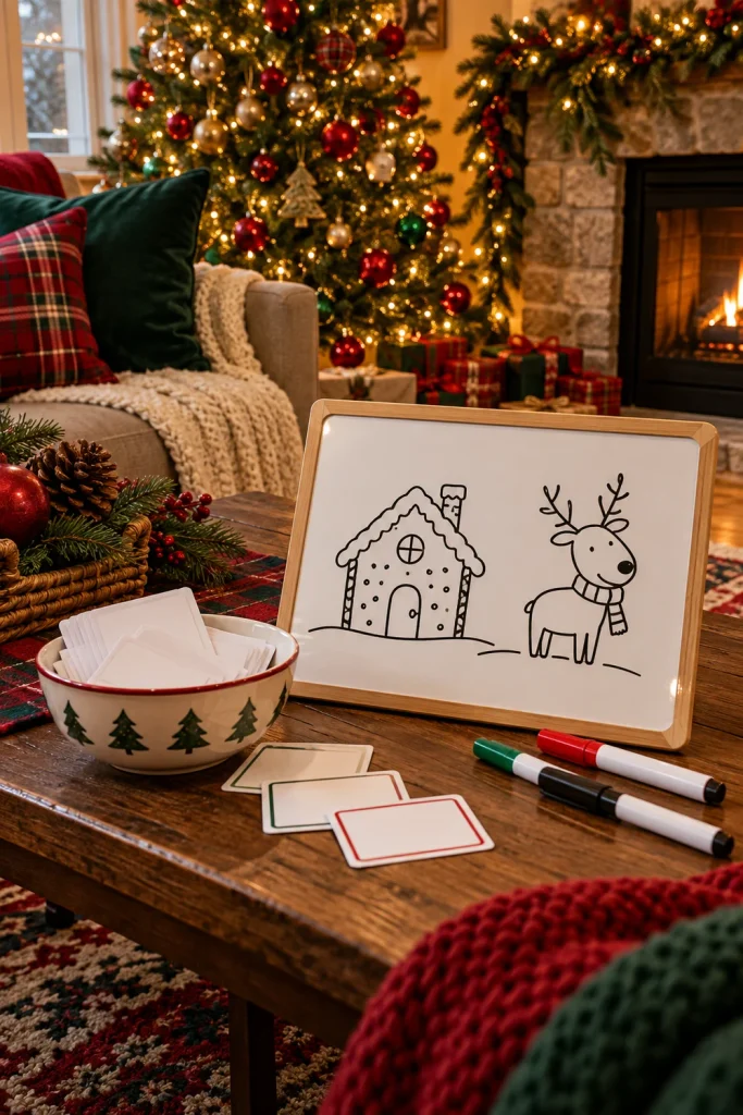 Whiteboard set up for a family game of Christmas Pictionary