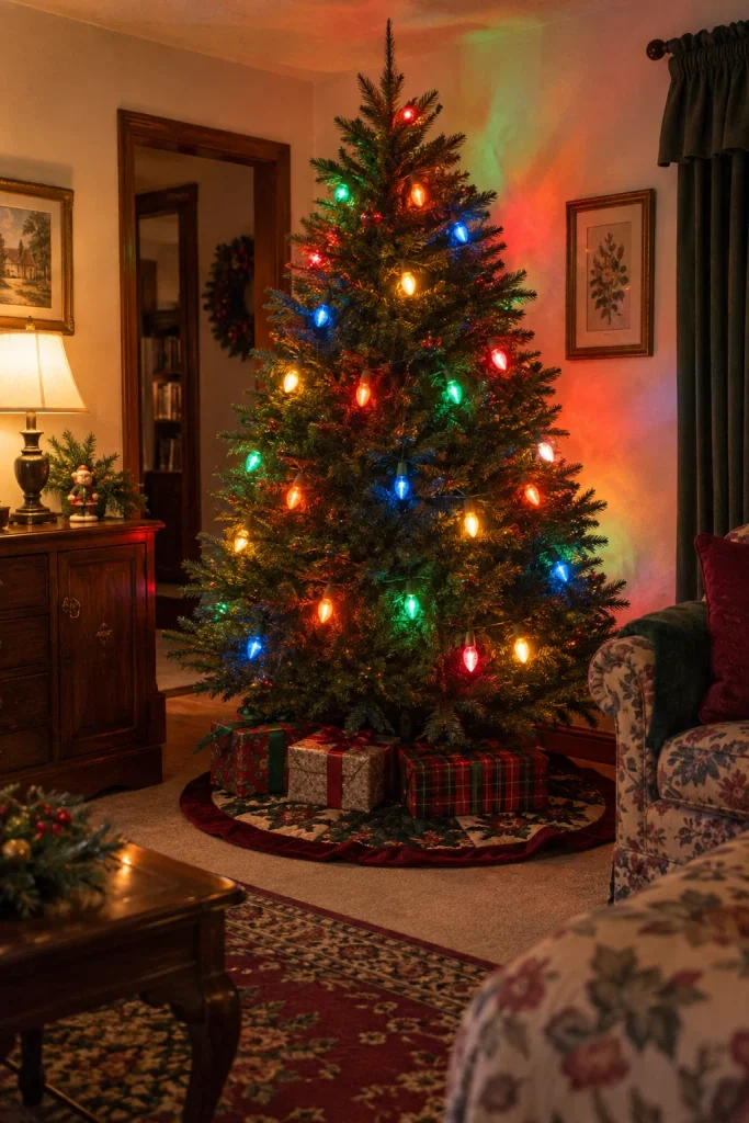 Christmas tree lit with large multicolor C9 bulbs in red, green, blue, orange, and yellow