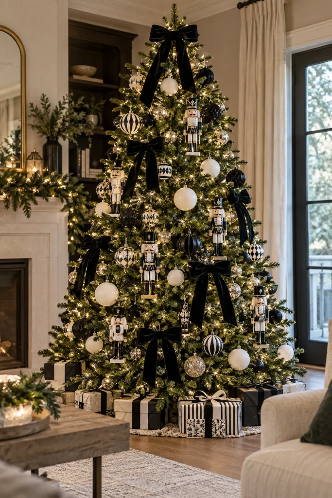 Black and white nutcracker Christmas tree with black velvet bows and matte white ornaments