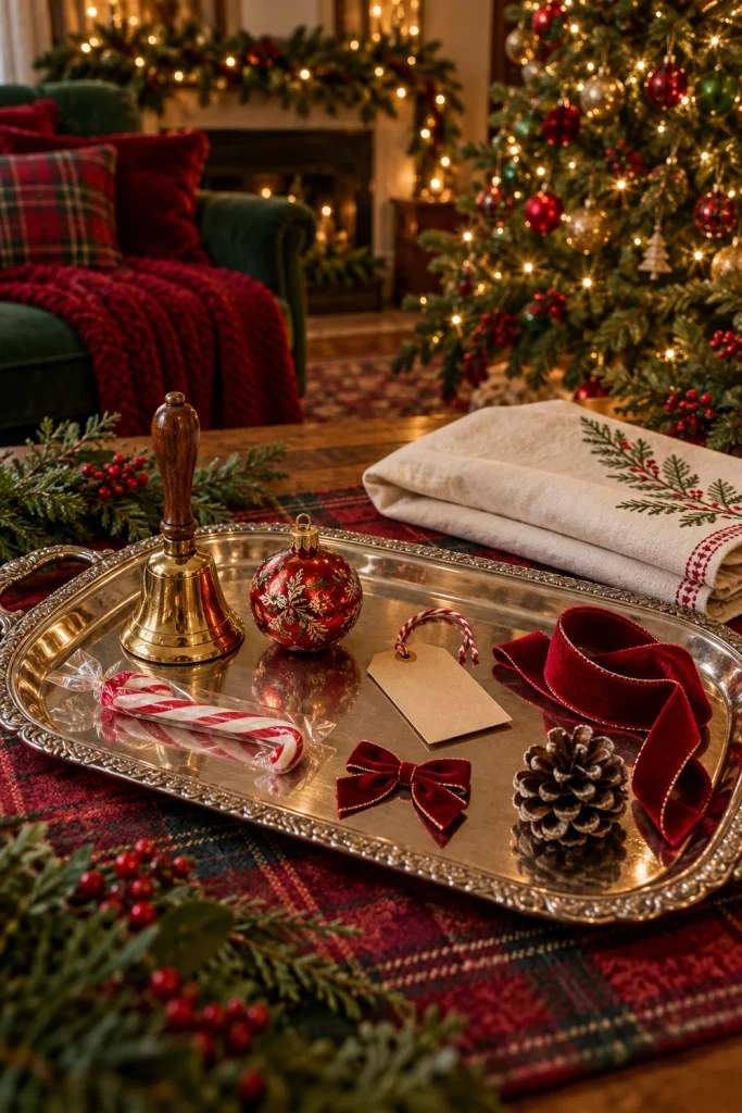 Tray of small holiday objects for the Christmas Memory Tray game