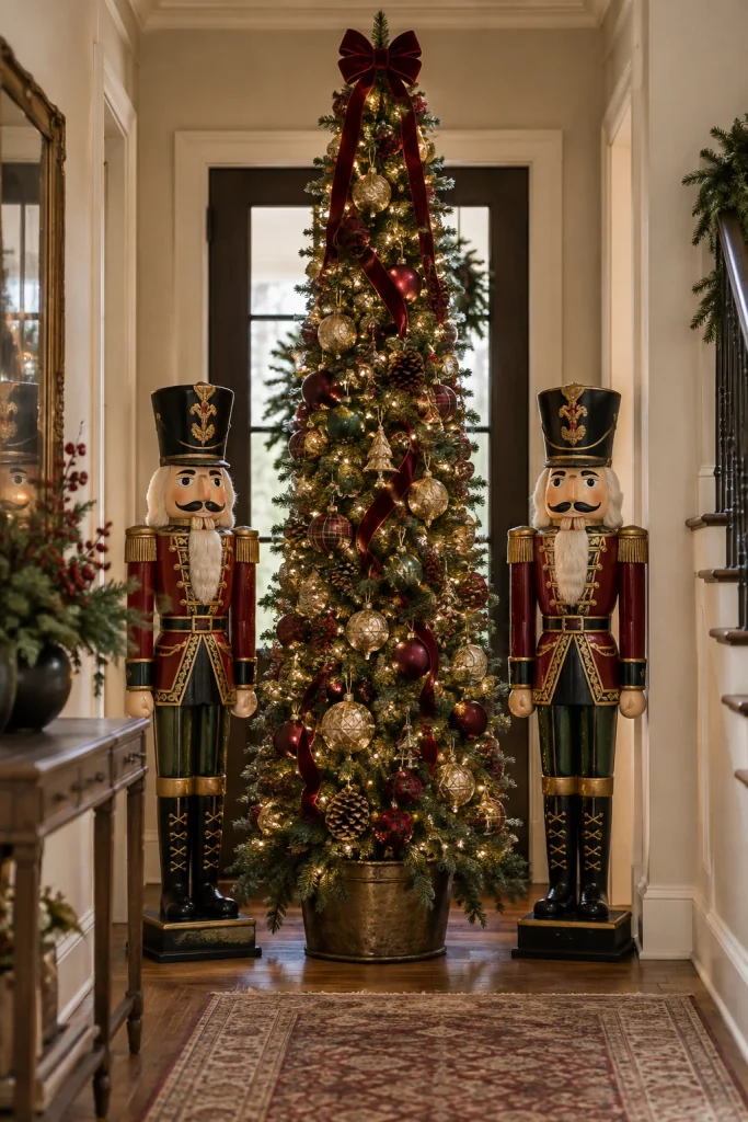 Skinny pencil Christmas tree in an entryway flanked by two life-size nutcrackers