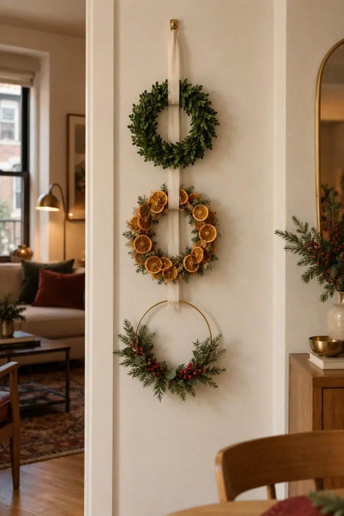 Three wreaths of different sizes stacked vertically on one cream ribbon on a blank wall