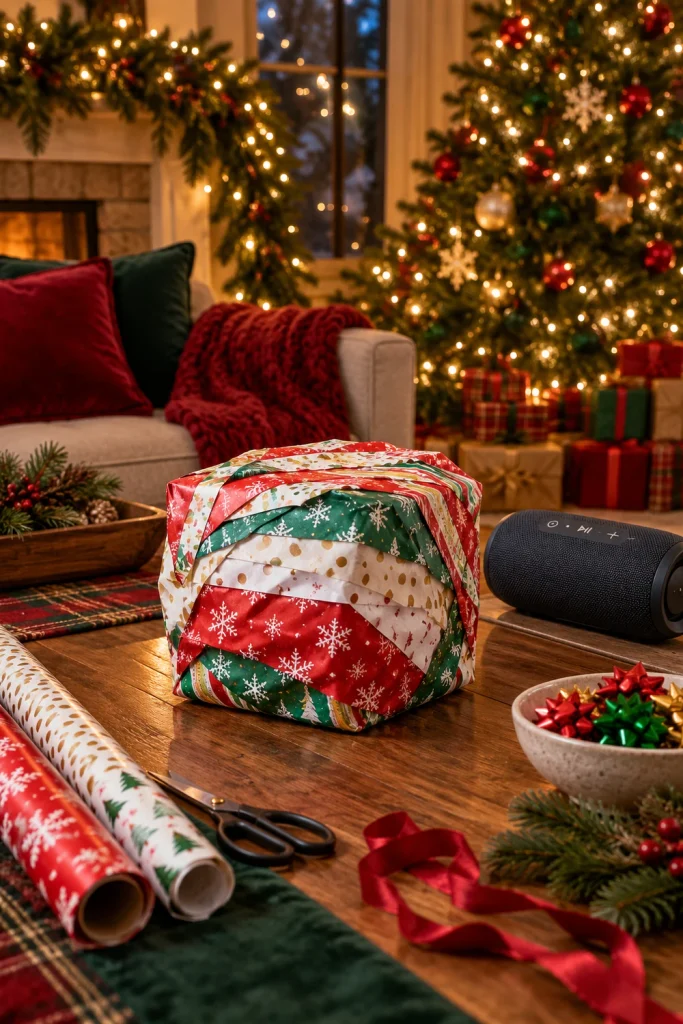 Wrapped gift being passed around for the Pass the Present game