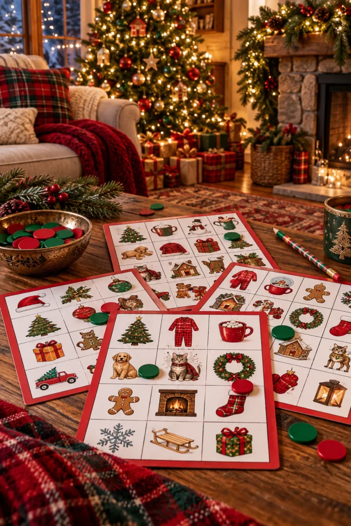 Christmas Eve bingo card with holiday-themed squares
