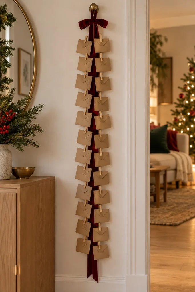 Burgundy velvet ribbon advent calendar with 24 kraft envelopes clipped on with mini clothespins
