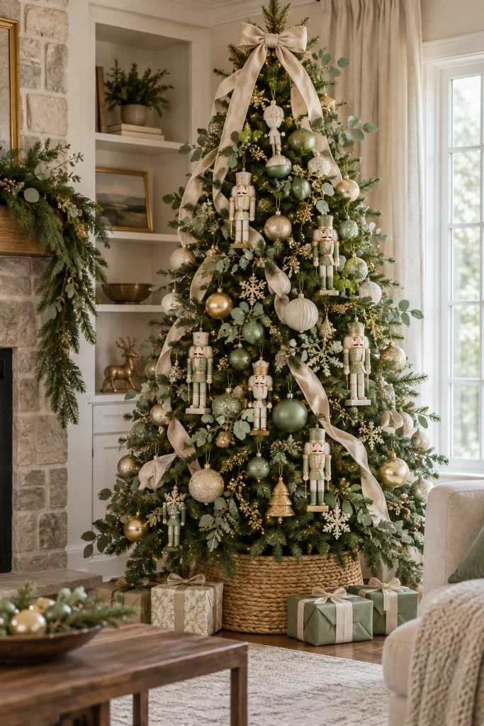 Sage green and cream nutcracker Christmas tree with eucalyptus and matte gold accents