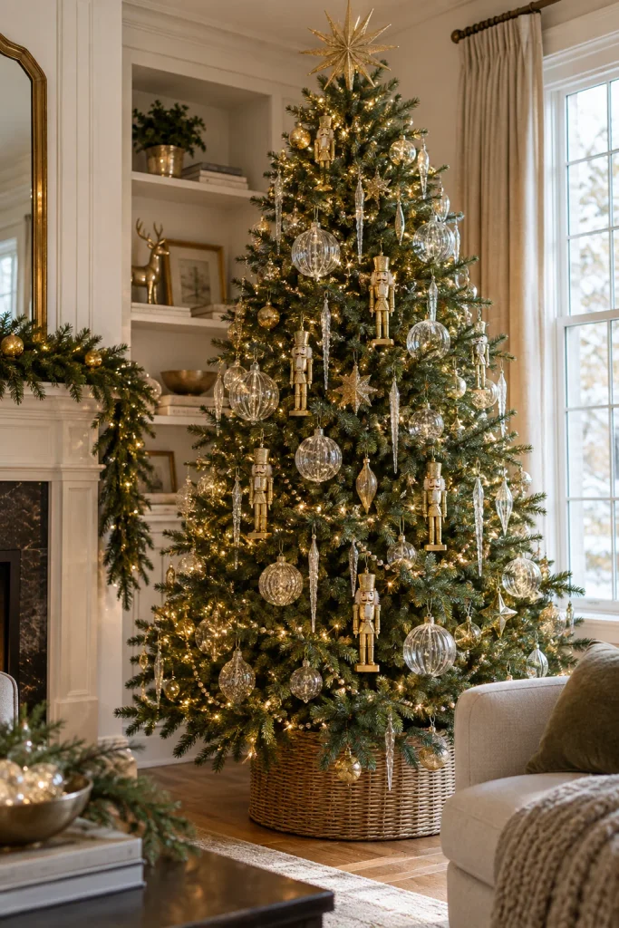 Christmas tree with clear acrylic ornaments, gold nutcrackers, and glass icicles
