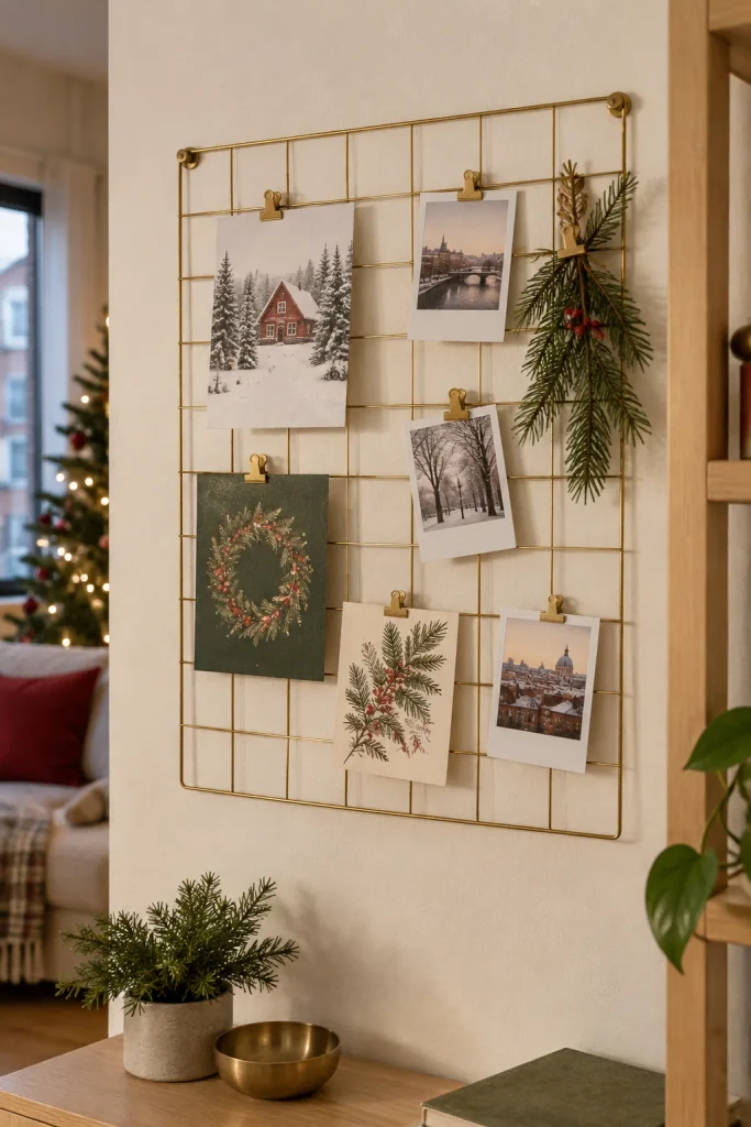 Gold wire grid panel holding Christmas cards, polaroid photos, and pine sprigs