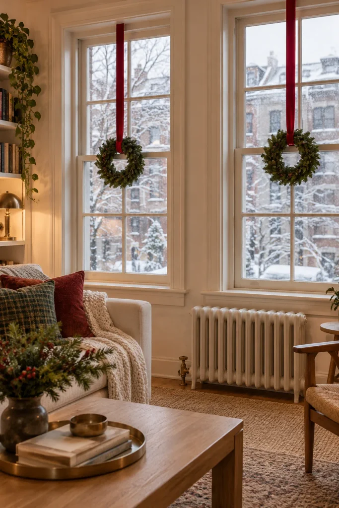 Small green wreaths hanging in each window pane on long red velvet ribbons with snow outside