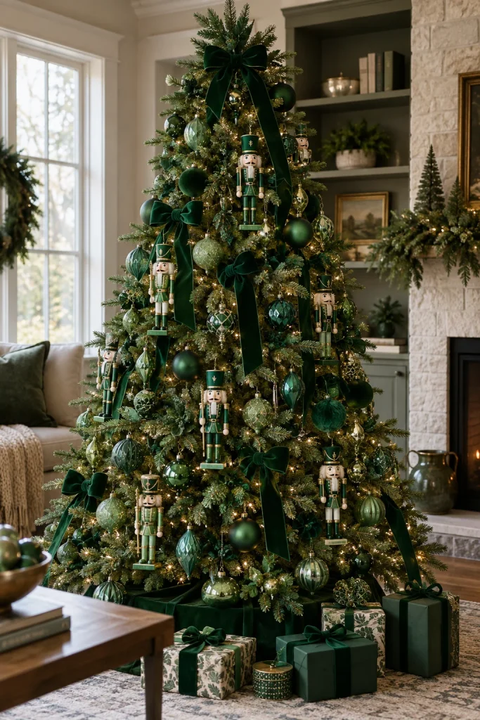 Tone-on-tone green Christmas tree with emerald, forest, and mint green nutcrackers