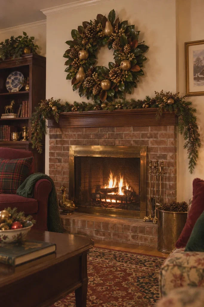 Magnolia leaf wreath with gold-sprayed faux fruit and pinecones above a fireplace