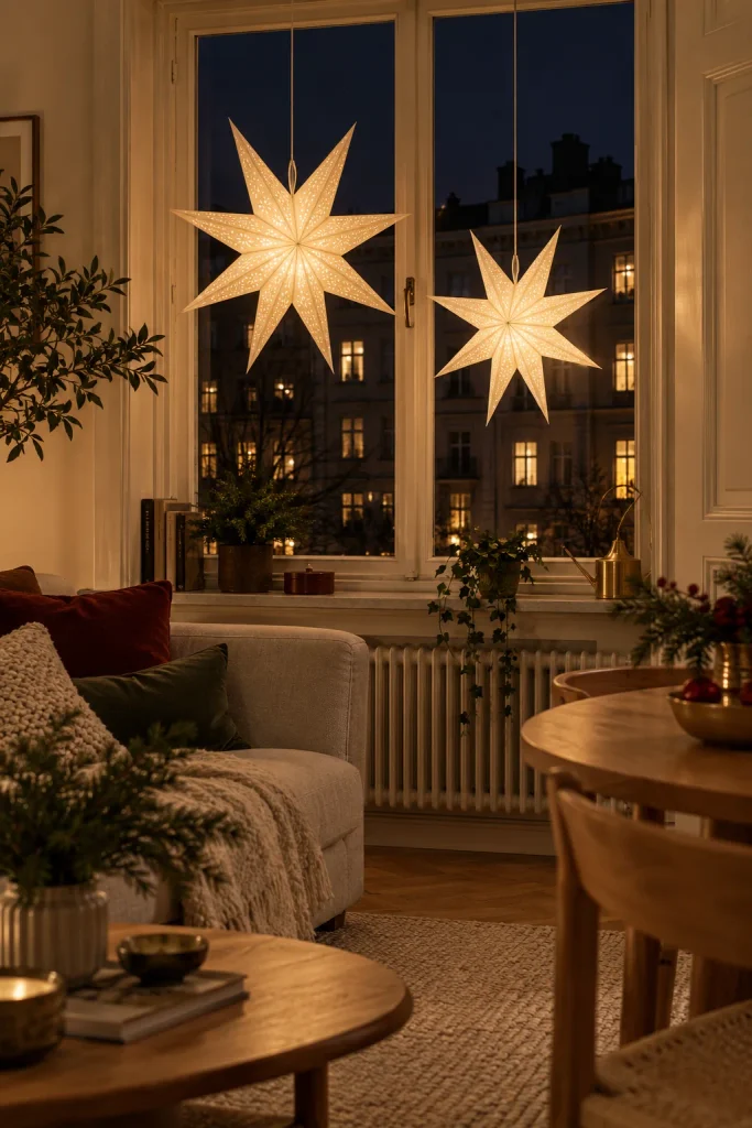 Two white paper star lanterns glowing in a dark apartment window at night
