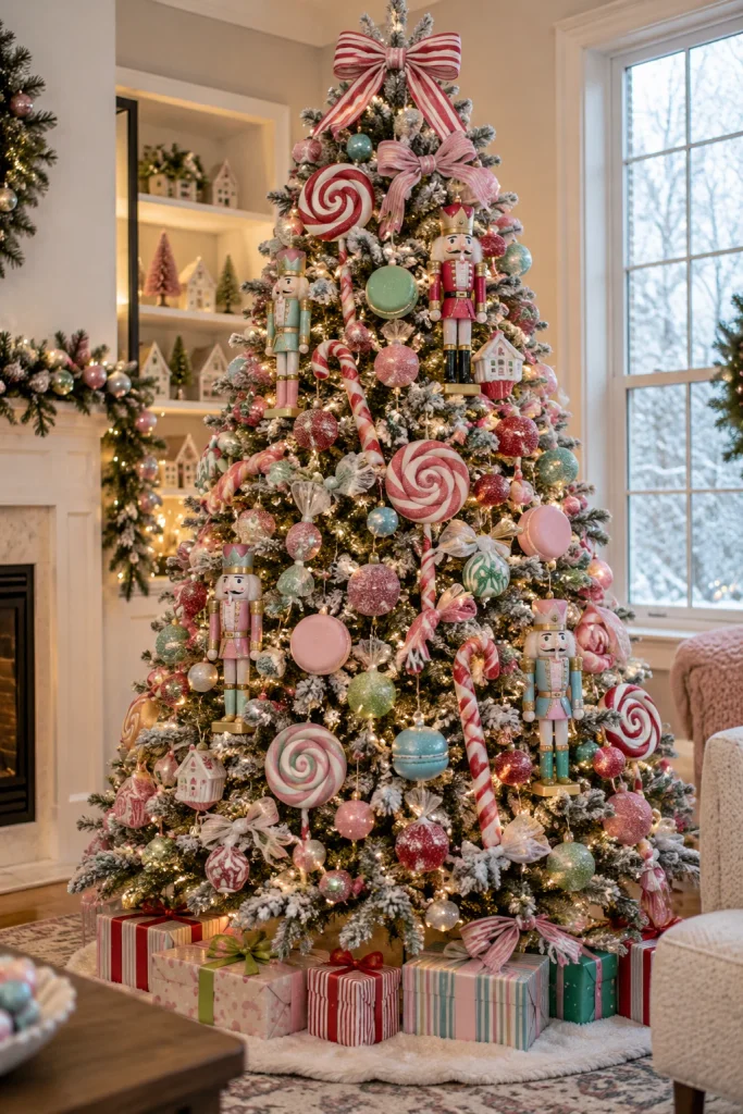 Land of Sweets candy Christmas tree with oversized lollipops, gumdrops, and candy-colored nutcrackers