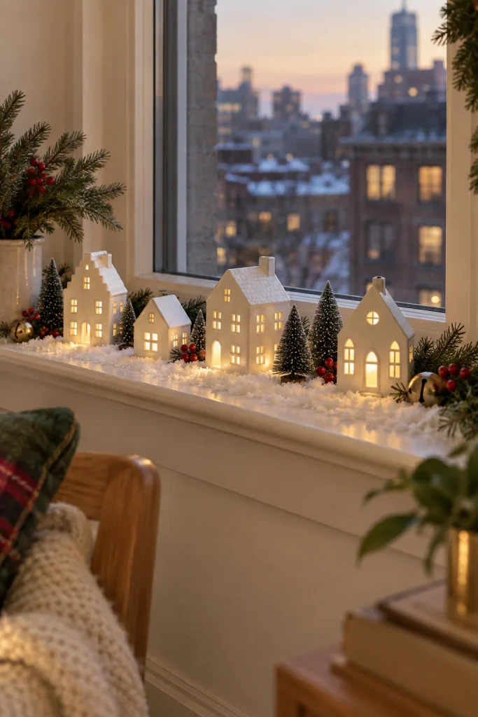 Row of small lit ceramic Christmas village houses on a windowsill over faux snow