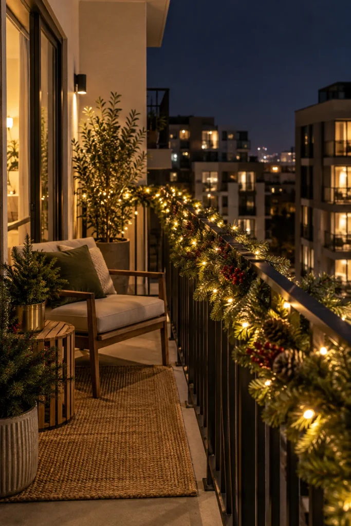 Apartment balcony railing wrapped in pine garland and warm white string lights at night