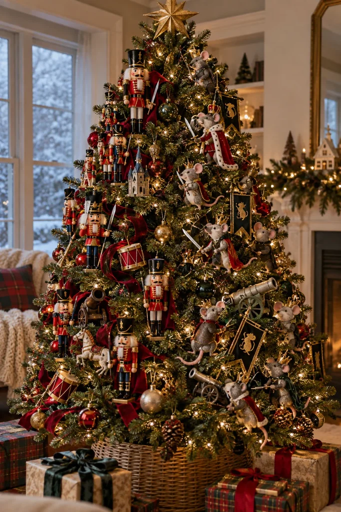 Mouse King battle scene Christmas tree with toy soldier nutcrackers and crowned felt mice