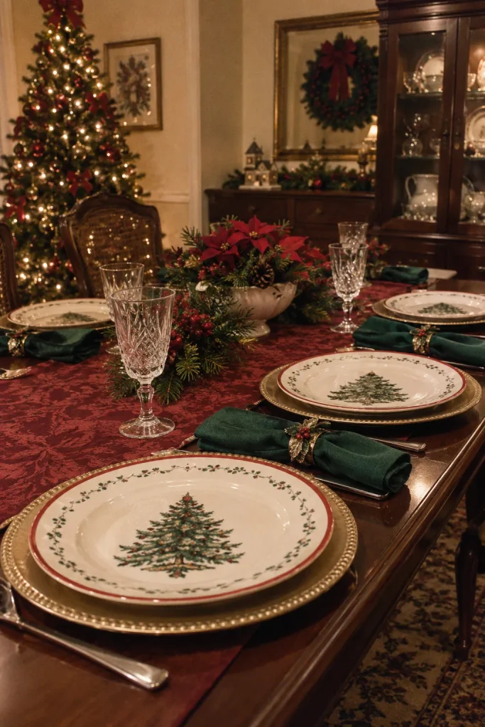 White Christmas tree dinnerware with red ribbon borders set on a holiday table