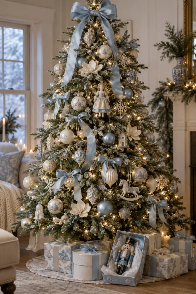 Ivory and powder blue Christmas tree with satin bows and a nutcracker peeking out of a gift box