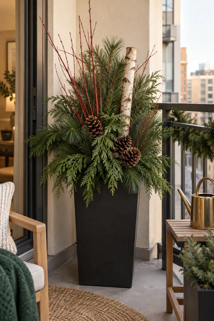 Tall black balcony planter filled with pine and cedar branches, red dogwood stems, and pine cones