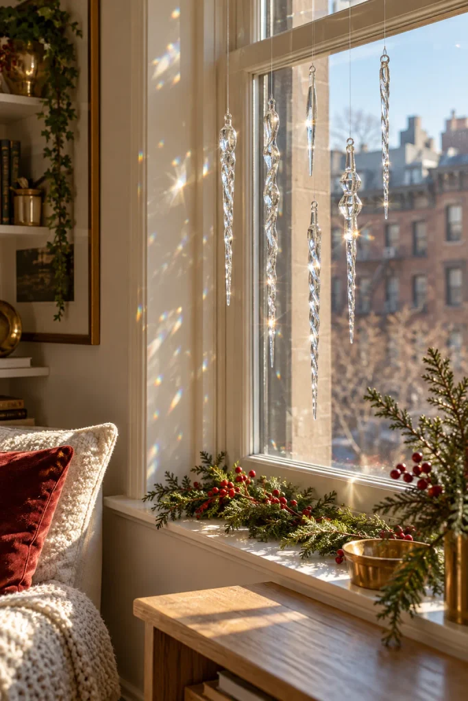 Clear glass icicle ornaments hanging at different lengths in a sunny window