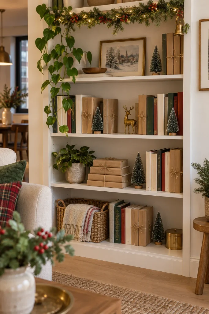 White bookshelf with books wrapped in kraft paper, mini bottle brush trees, and a small garland