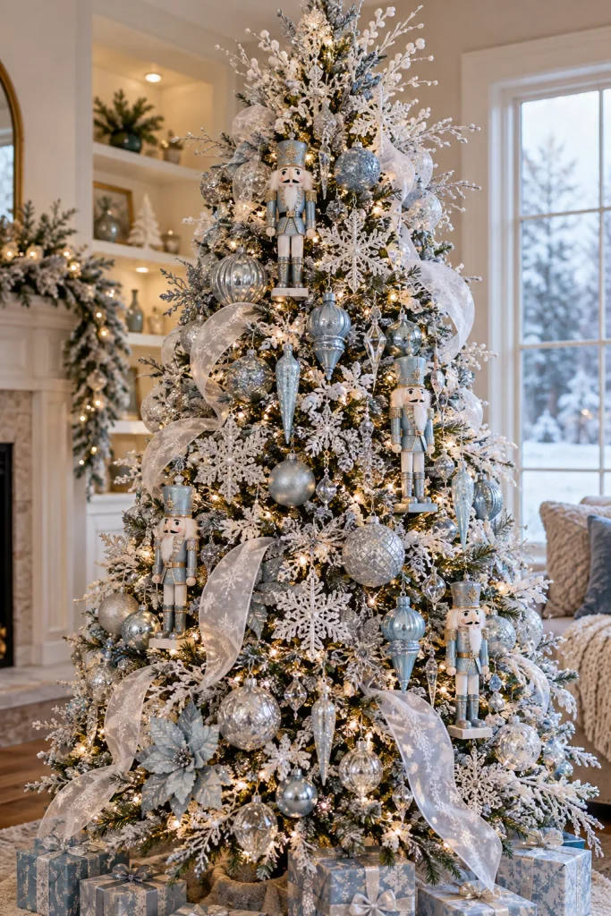 Icy blue nutcracker Christmas tree with crystal snowflakes and sheer white ribbon