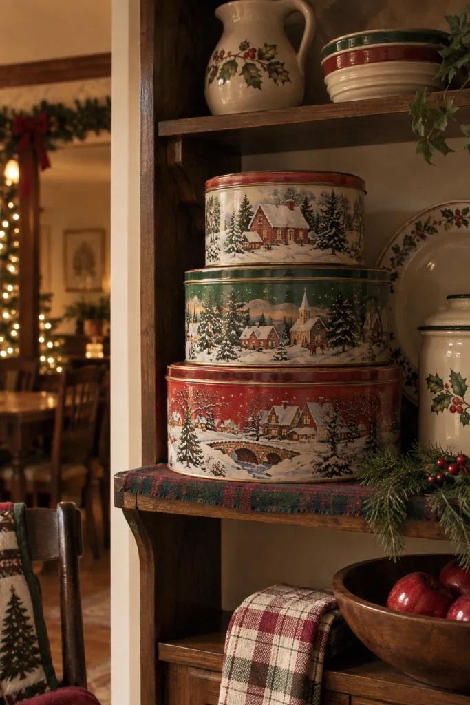 Stacked vintage holiday cookie tins with winter scenes on an open kitchen shelf