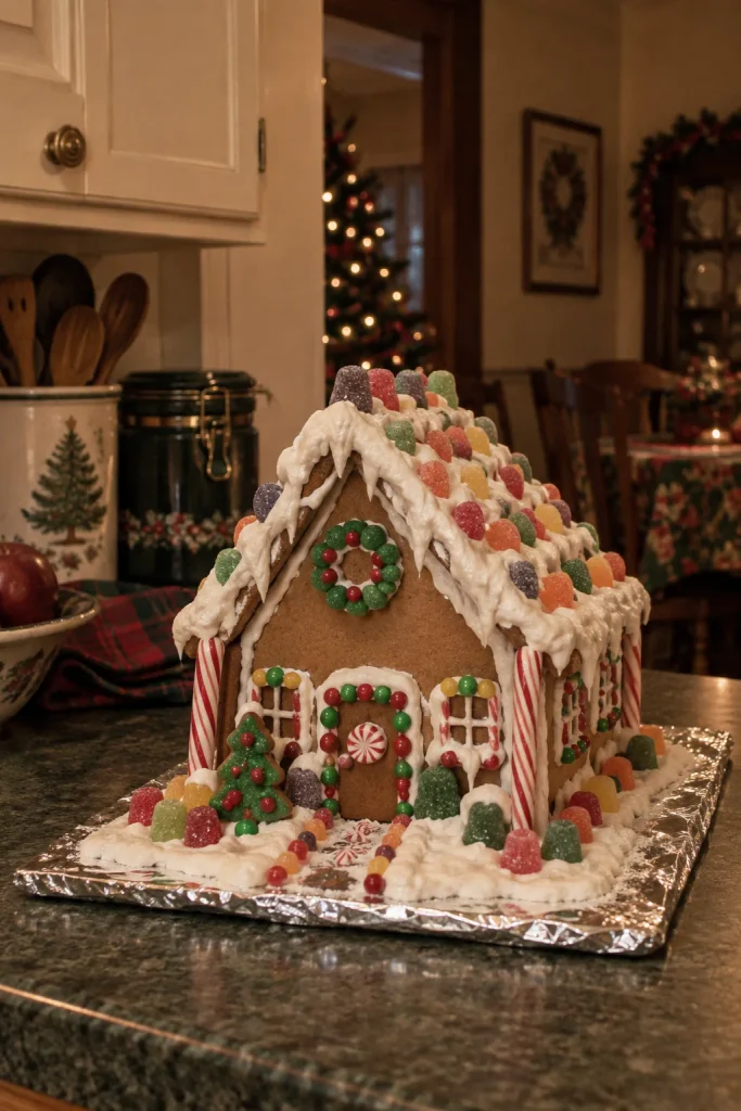 Homemade gingerbread house covered in gumdrops, candy canes, and royal icing snow