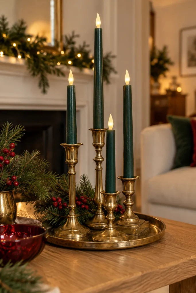 Cluster of vintage brass candlesticks in varying heights holding deep green taper candles on a tray