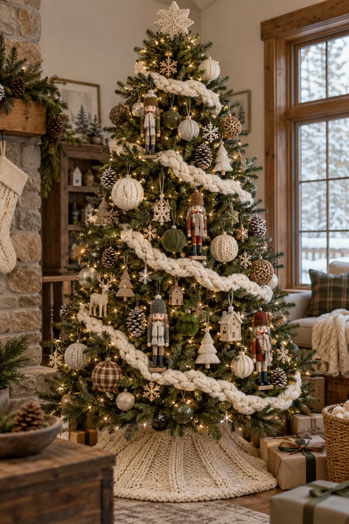 Cozy cabin Christmas tree with chunky knit garland, sweater ornaments, and nutcrackers in knit scarves