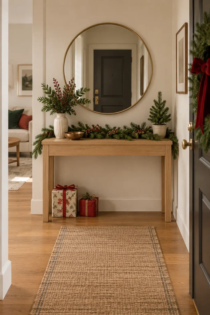 Narrow console table styled like a mantel with a round mirror, garland, and wrapped gifts underneath