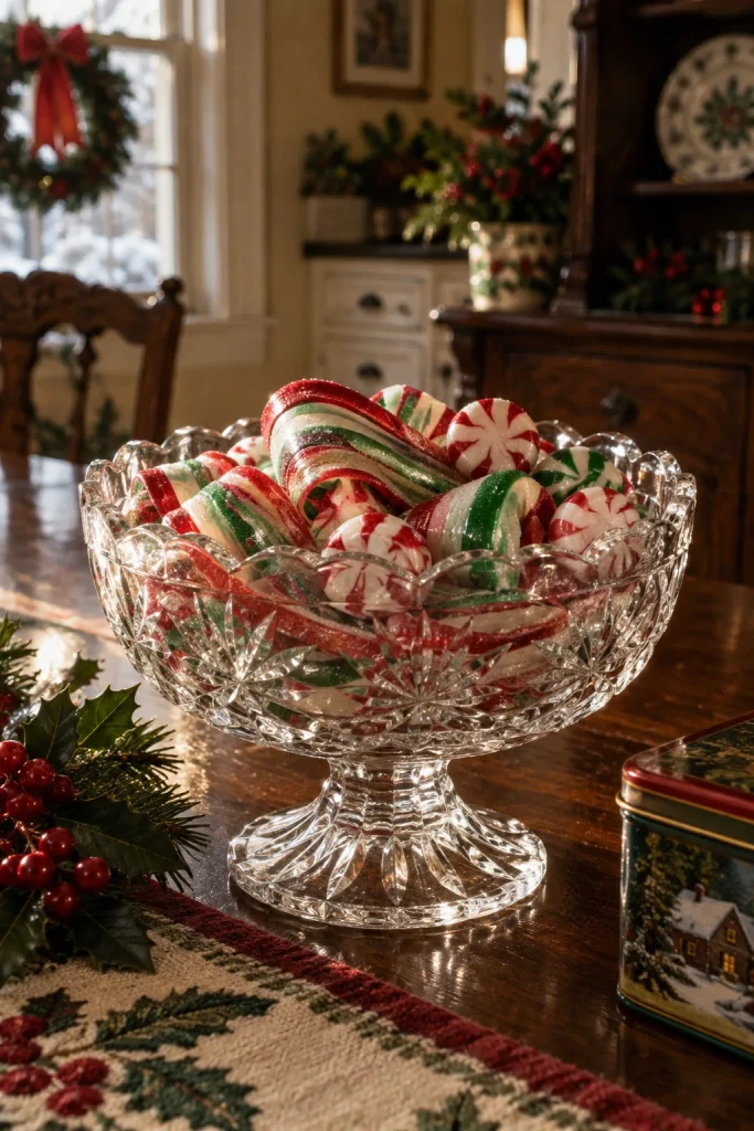 Cut-glass candy dish filled with ribbon candy and peppermint pinwheels