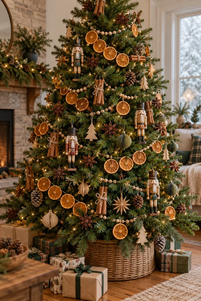 Christmas tree with dried orange slice garland, cinnamon sticks, star anise, and natural wood nutcrackers