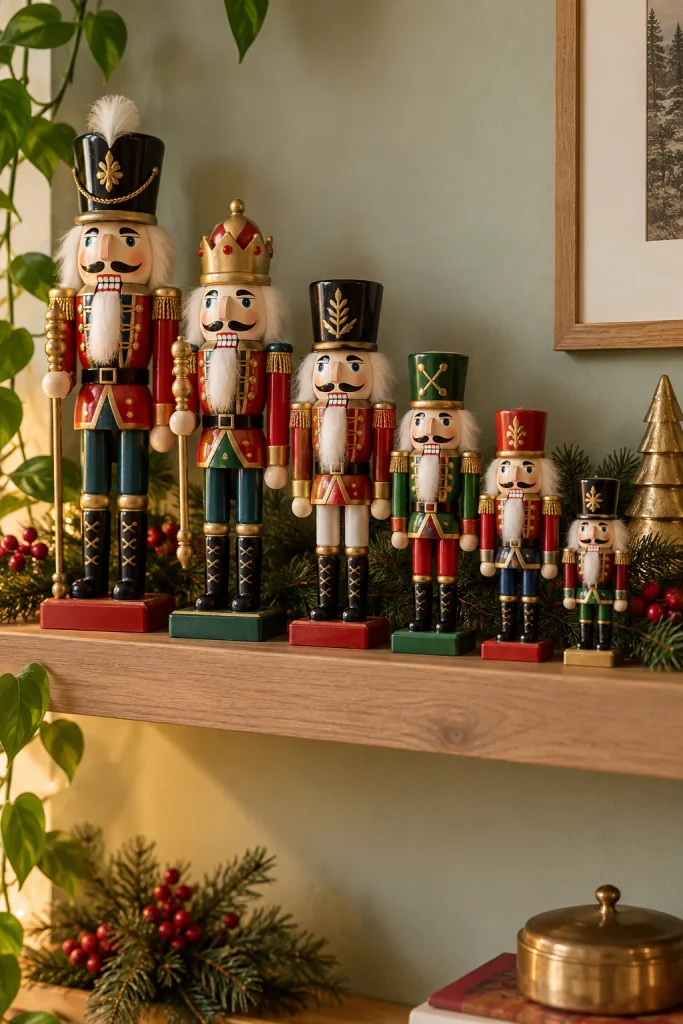 Row of colorful wooden nutcrackers lined up on a floating shelf against a pale green wall
