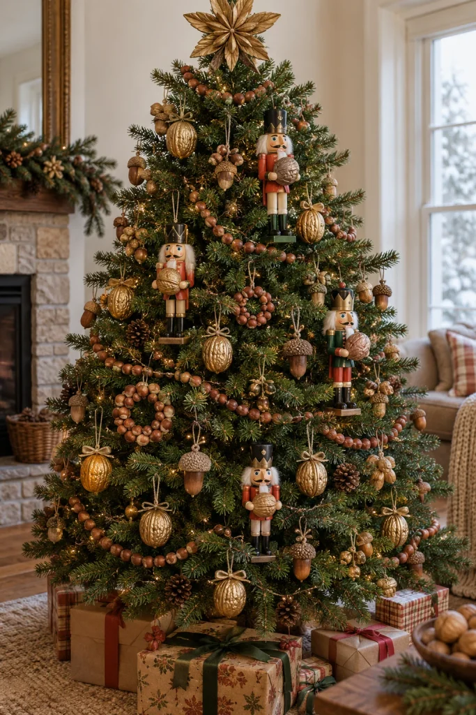 Christmas tree with gold-painted walnuts, acorns, and nutcrackers holding walnuts