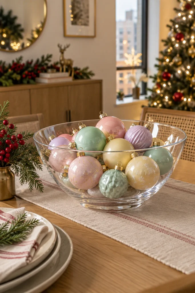 Clear glass bowl filled with pink, mint, lavender, and pale yellow Christmas ornaments