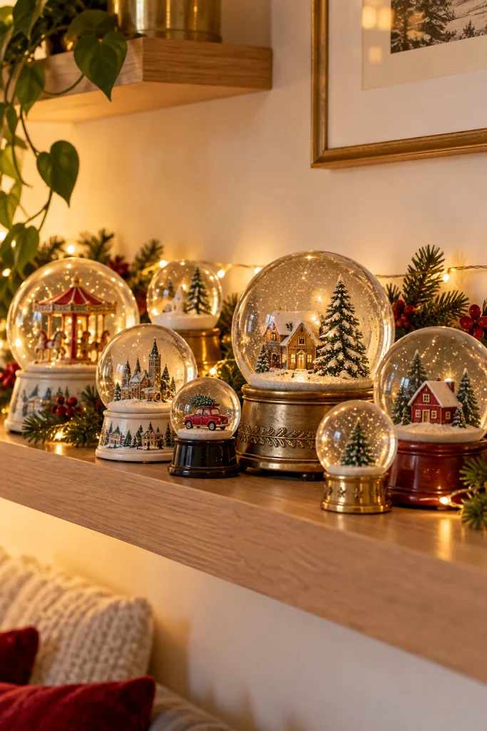 Collection of vintage and modern snow globes on a floating wood shelf with fairy lights behind