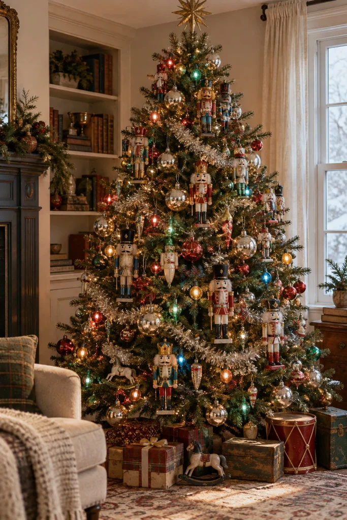 Thrifted vintage nutcracker Christmas tree with mercury glass ornaments and C7 bulb lights