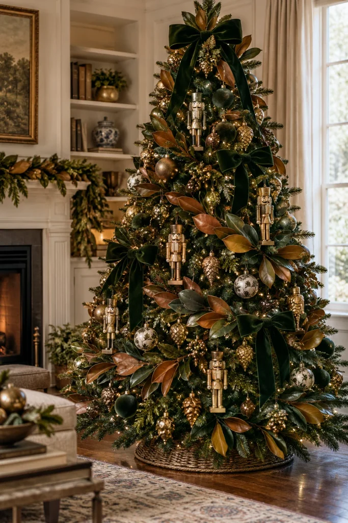 Southern magnolia leaf Christmas tree with velvet bows and brass nutcrackers