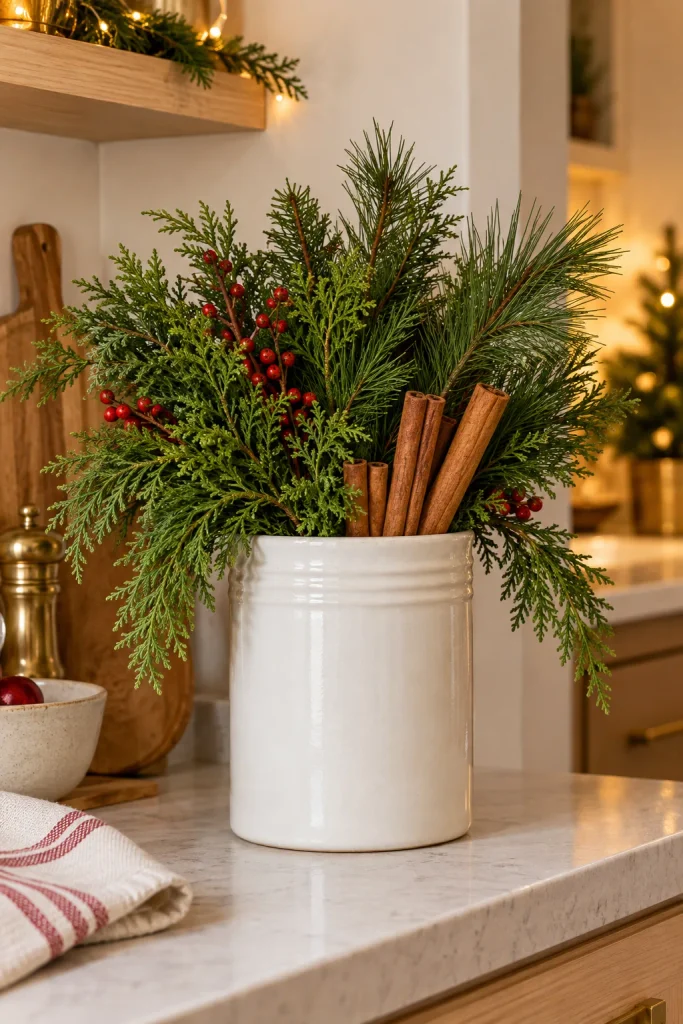 White ceramic utensil crock filled with cedar sprigs, pine branches, and cinnamon sticks