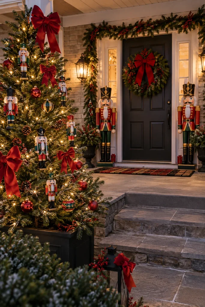 Front porch with an outdoor nutcracker Christmas tree and life-size nutcrackers flanking the door