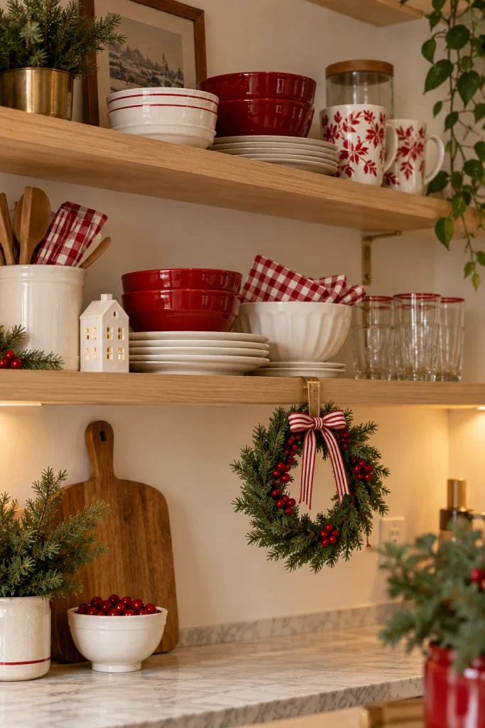 Open kitchen shelves styled with red and white dishes, gingham napkins, and a small wreath