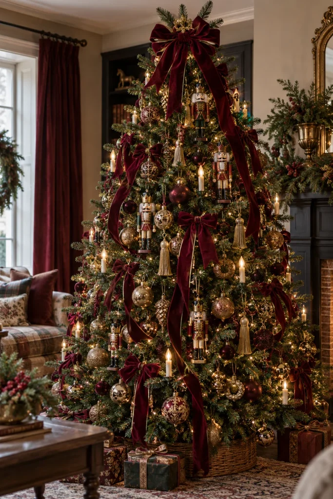 Victorian Christmas tree with burgundy velvet ribbon, brass ornaments, gold tassels, and antique nutcrackers