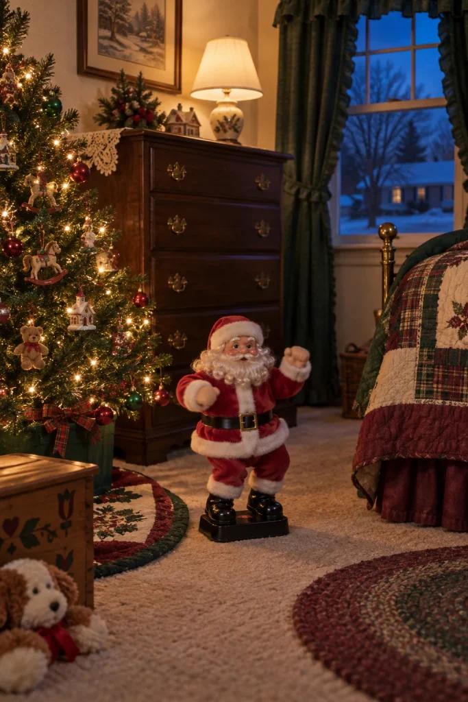 Motion-activated dancing Santa figure standing next to a Christmas tree