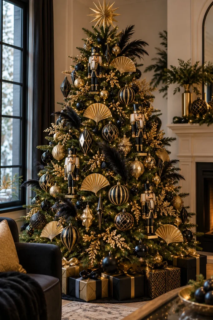 Black and gold Art Deco Christmas tree with fan ornaments, feather picks, and black nutcrackers