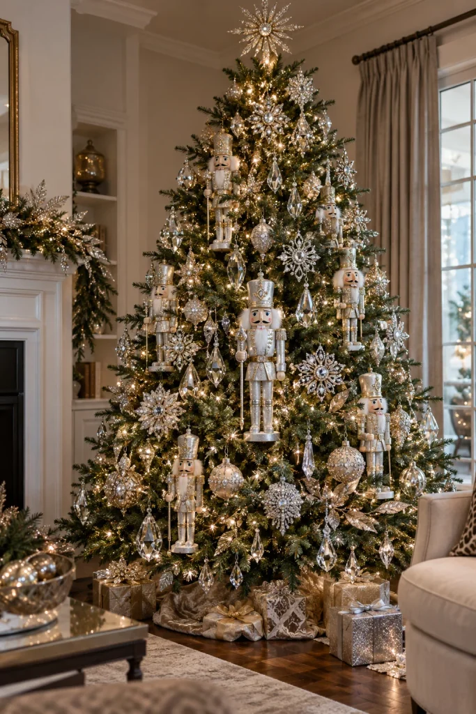 Sparkling Christmas tree with rhinestone nutcrackers, crystal teardrops, and jeweled brooch ornaments