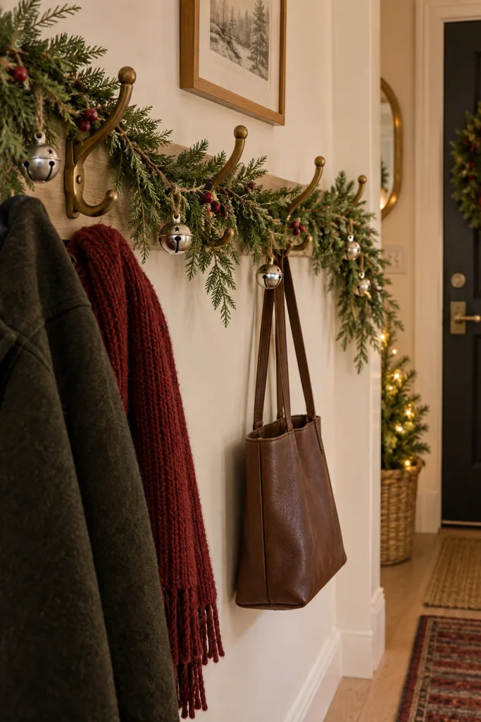 Faux cedar garland woven between entryway coat hooks with small silver jingle bells